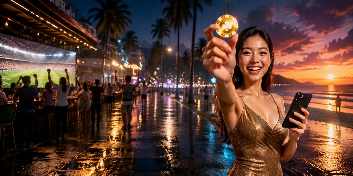 Người dùng trải nghiệm casino trực tuyến trên điện thoại tại bãi biển Phú Quốc